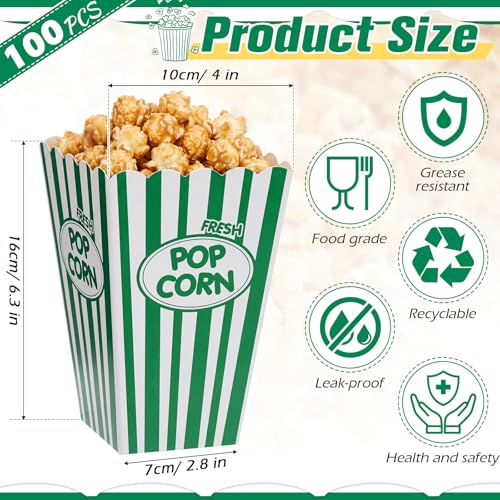 Image of Xinnun 100 Pcs Popcorn Boxes 32 oz Classic Stripe Paper Popcorn Buckets Bulk Disposable Oil Proof Container Vintage Retro Open Top Holders for Movie Night Supply Theater Carnival Party(Green)