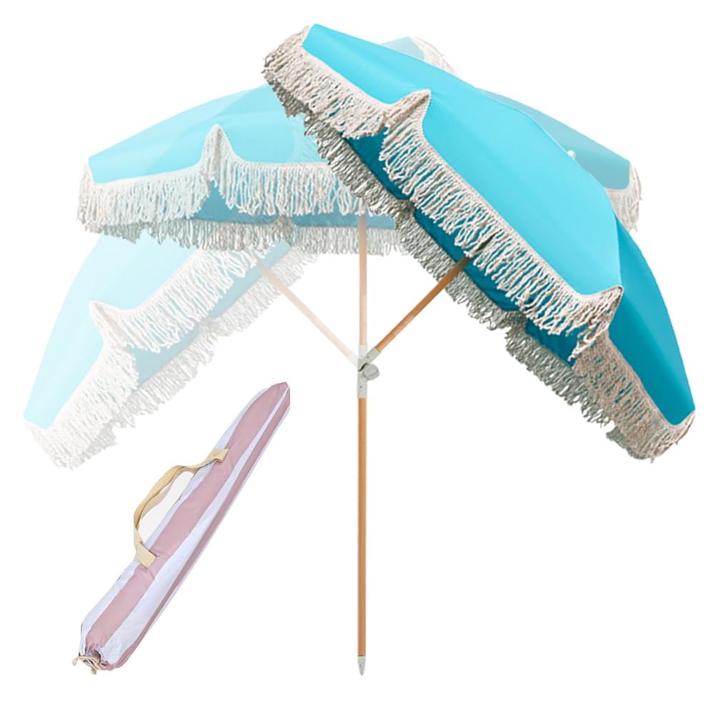 Aigoss6′ Boho Outdoor Umbrella for Patio Beach Umbrella with Cotton Fringe ＆ Sunproof Polyester Umbrella Fabric - for Garden, Deck, Backyard, Pool (Color : Blue)