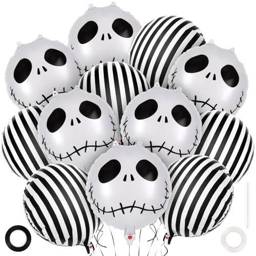 QINQINZIJIN 12 Pieces Halloween Balloons Skull Foil Balloons, Black and White Striped Mylar Foil Balloon, Party Decorations for Halloween Birthday Carnival