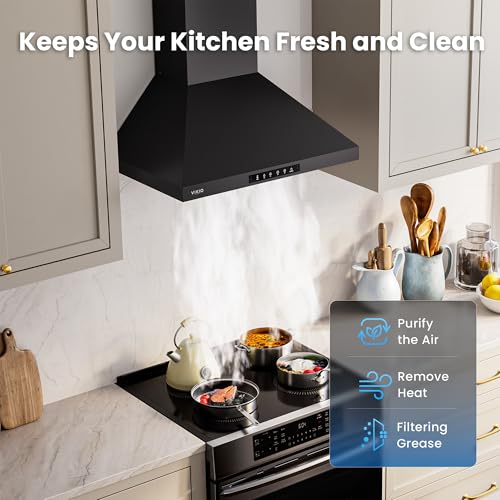 Image of VIKIO HOME Wall Mount 30 Inch Range Hood 900 CFM, Ductless /Ducted Convertible, 3-speed Gesture Sensing & Touch Control, Black Painted Stainless Steel Kitchen Vent Hood with Permanent Baffle Filters