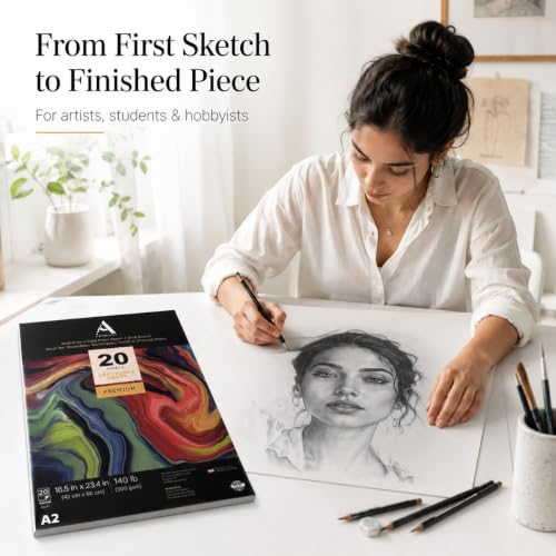 Image of ArtRight Mixed Media Cartridge Paper A2 300 GSM - 20 Drawing Sheets for Artists, Ideal for Charcoal, Graphite, Acrylic, Watercolor, Gouache, Ink, & Other Mixed Media