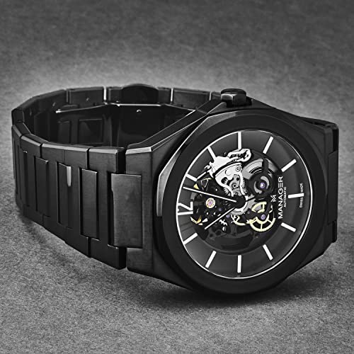 Manager Men's 'Open Mind' Black Dial Black Stainless Steel Bracelet Automatic Watch MAN-RO-09-NM2