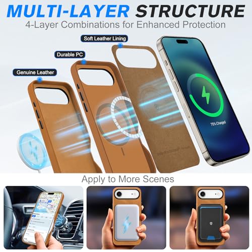 Image of SHIELDON Genuine Leather Case for iPhone Air 6.5 inch 2025, Retro Light Brown | Compatible with MagSafe, Magnetic Wireless Charging, Camera Button, Metal Buttons, Camera Bezel, Slim, Shockproof, Women Men