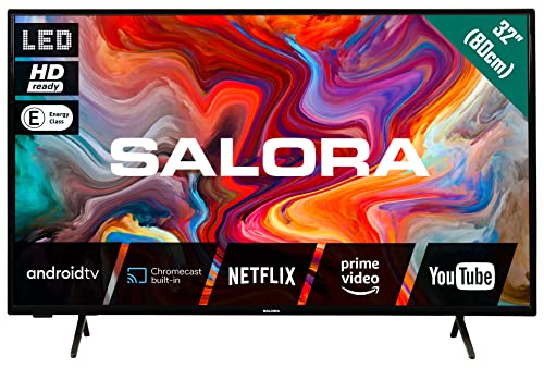 SALORA SMART32TV – 32 Zoll Smart TV mit Android TV, LED Display, HD Ready, integriertem Chromecast, Dolby Audio, 3× HDMI, WLAN & Bluetooth – kompakter LED Fernseher 32 Zoll, Energieklasse E