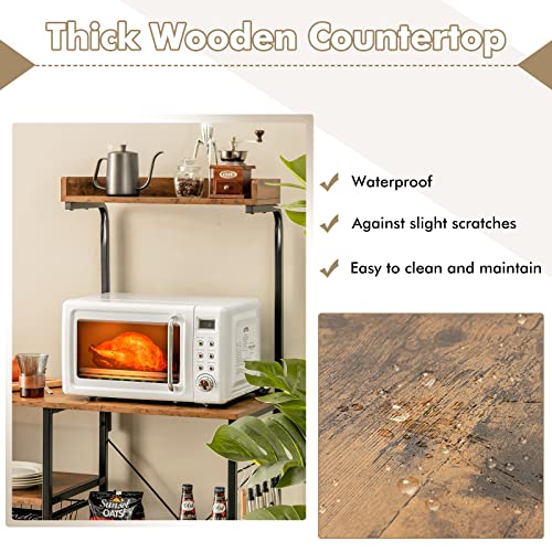 Giantex Kitchen Baker’s Rack, 4-Tier Microwave Storage Stand, Utility Storage, Wire Basket With 5 Hooks, Spice Utensils For Organizing Work Station Shelf 35.5” Length, Charcoal Brown&Black #TOP3