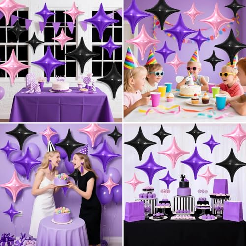 Image of Black Purple Star Balloons,12Pcs Four Angle Star Foil Balloons