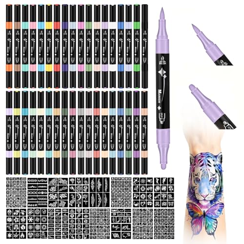 Temporary Tattoos Markers for Skin 36 Body Markers+612 Large Tattoo Stencils Temporary Tattoos for Kids and Adults Dual-End Tattoo Pens Bright colors Flexible Brush Tip Cosmetic-Grade Skin-Safe