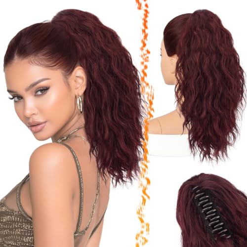 BARSDAR Claw Clip Burgundy Red Curly Ponytail Extensions 18 Inch Synthetic