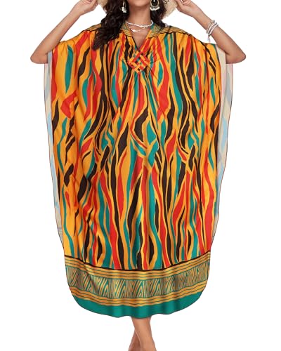 Image of JILUVIN Kaftan Dresses for Women Plus Size V Neck Caftans Long Batwing Sleeve Beach Cover Ups Summer Floral Print Dress 2026 (Green Red Stripes,One Size)