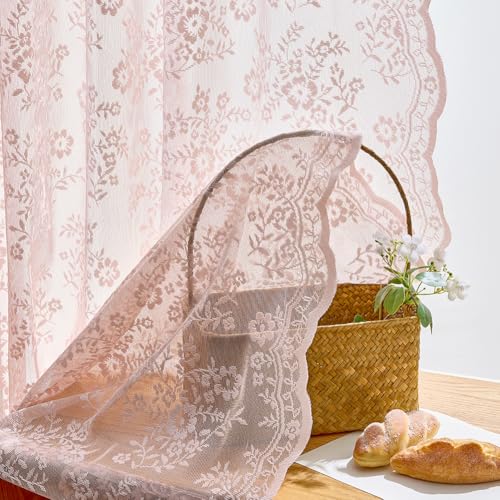 Woaboy Vintage Pink Lace Curtains 63 Inches Long with Floral and Branch Pattern Cute Elegant Romantic Sheer Light Filtering Drapes for Living Room Bedroom 52 x 63 Inch Light Pink Set of 2 Panels