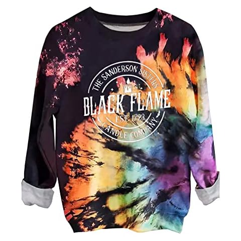 Reverse Tie Dye Halloween Sweatshirt for Women Sanderson Sister Bleached Graphic Tees Funny Long Sleeve Shirt, Multicolor-3, XL Cover