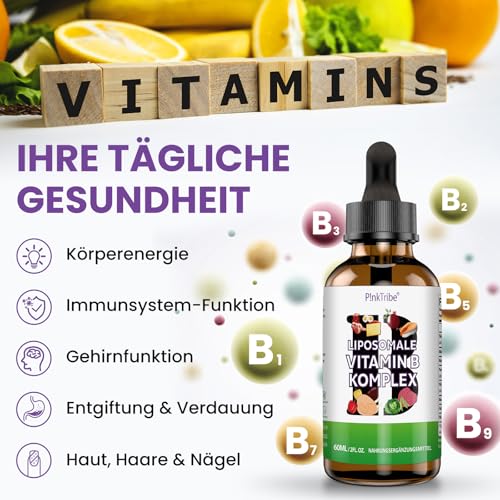 Liposomale Vitamin B Komplex Flüssiges - Hochdosiert Tropfen mit Allen 8 B-Vitaminen, Aktive Vitamin B Formen, Vegan, Keine Zusatzstoffe, 60ml (1er Pack)