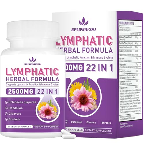 Spliferkou Lymphatic Drainage Supplements, Herbal Lymph System Support Supplement with Echinacea, Dandelion, Burdock Root, Cleavers & More - Non GMO, Gluten Free - 60 Capsules