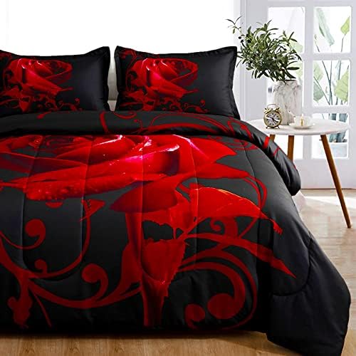 Red Comforter Set Queen Reversible Red Rose Pattern Printed Bedding Down Comforter with 2 Pillowcases for All Seasons, Soft Microfiber Lightweight Bedding Set 90"x90"