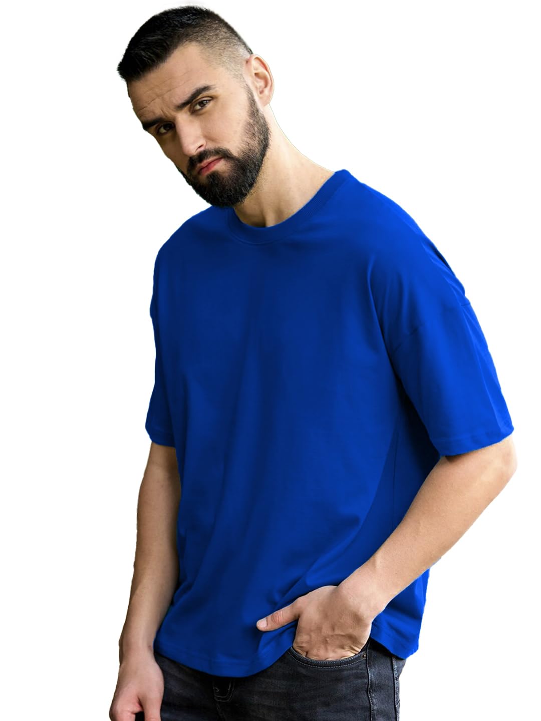leotude Half Sleeve Oversized Tshirt for Men, Round Neck Cottonblend Drop Shoulder Solid T-Shirt (Blue Color)-picture-38