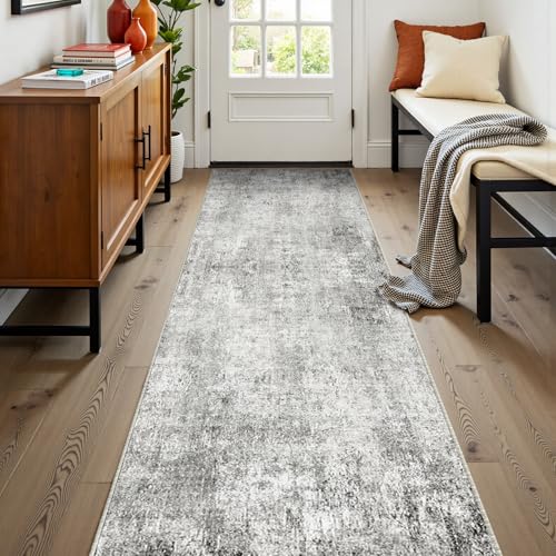 Washable Area Rugs 2'x8' Non-Slip Modern Abstract Soft for Living Room Entryway Bedroom Nursery, Print Pattern, Gray White Grey