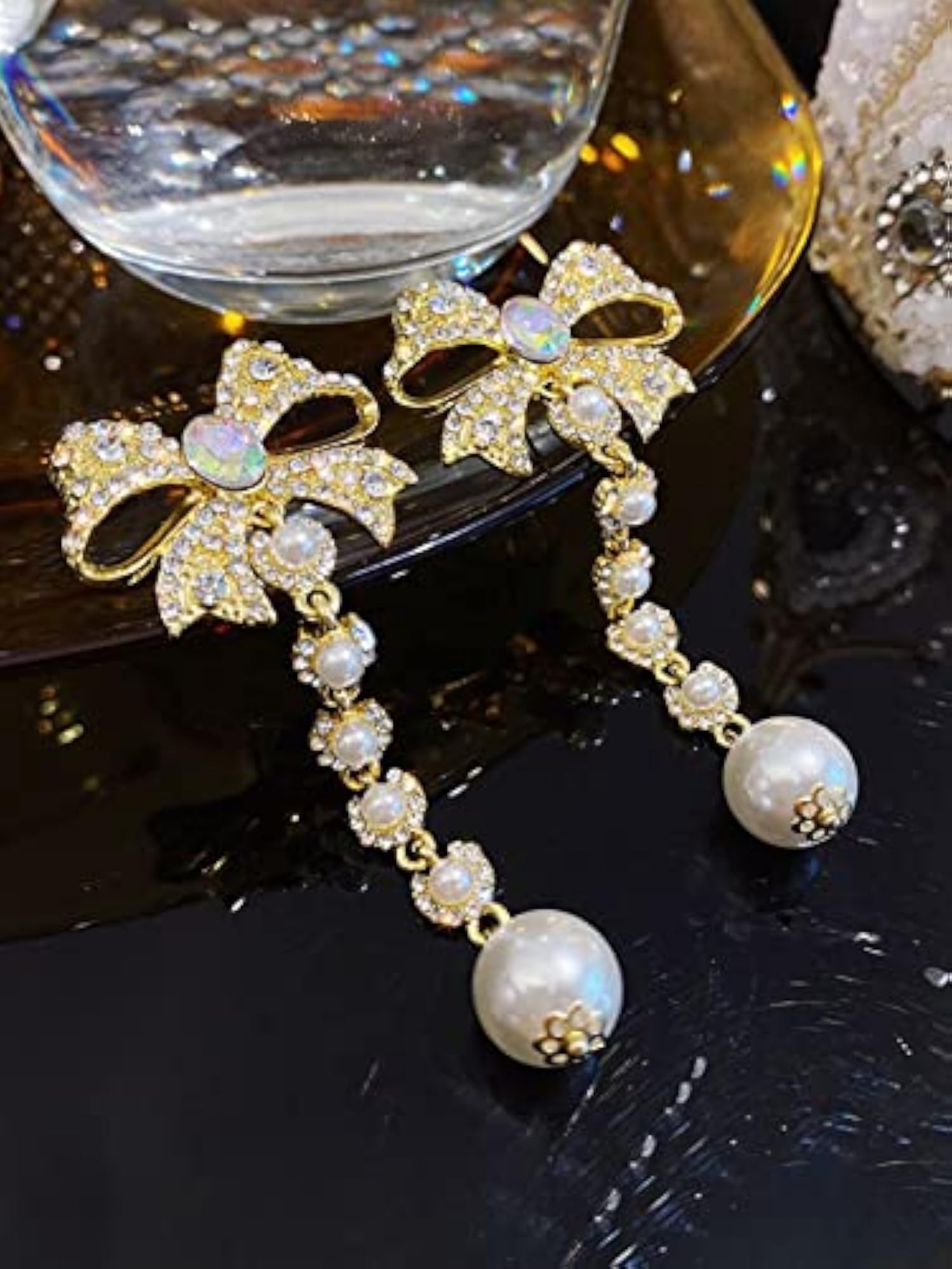 Crystal Dangler Earrings with Bow Shaped Pearl Danglers