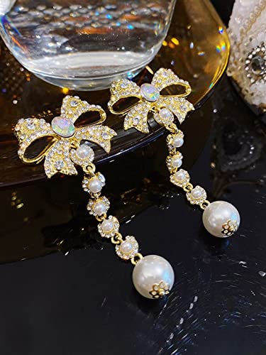 Crystal Dangler Earrings with Bow Shaped Pearl Danglers
