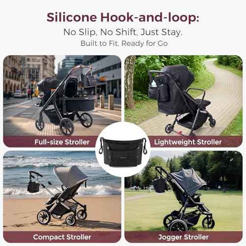 Momcozy Universal Stroller Organizer | Minimalist Caddy with 2 Insulated Bottle Holder | Silicone Anti-Slip Straps | Detachable Mini Pouch | Durable Dense-Weave, Fits for UPPAbaby/Doona & More