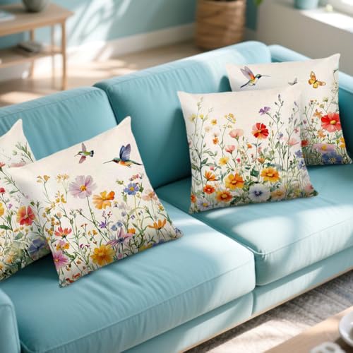 4 Stück Frühling Kissenbezug 40x40 cm,Kissenbezüge Frühlingsblumen,Frühlingsdeko Kissen Kissenhülle Leinen, Blumen,Vögel,Wildblumen,Schmetterlinge,Tulpen,für Schlafzimmer Wohnzimmer Sofas Deko (B)