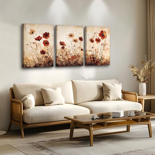 DZRWUBHS Boho Wall Art For Living Room Minimalist Wall Decor For Bedroom Vintage Flowers Pictures Office Decorations Bathroom Canvas Prints Modern Aesthetic Home Decor Artwork 3 Piece Ready To Hang