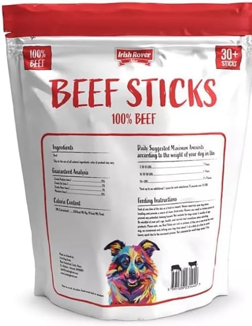 Irish Rover Beef Sticks Dog Treats, 30 Count, Net Weight 2.2 lbs,100% Beef, High Protein, No Artificial Colors, No Artificial Flavors and Preservatives.