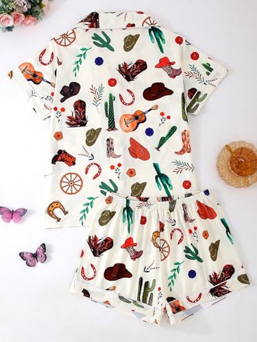 Women's 2 Piece Cowboy Boots Pajama Sets Sleepwear Short Sleeve Button Down Nightwear Lounge Sets2
