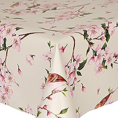 PVC Tablecloth Birds 2 Metres (200cm x 140cm), Pretty Flowers Oriental Floral Twig Leaves, Pink Brown Latte Green, Wipe Clean, Vinyl/Plastic Table Cloth Cover
