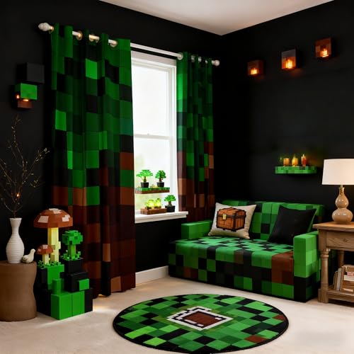 Manfei Pixelated Blackout Curtains Patchwork Grid Video Games Boys Girls Room Decor Miners Lattice Simple Window Curtains Dark Green Brown 2 Panels 38Wx45L inch