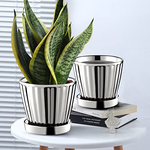 Gohearin Medium Ceramic Indoor Planters With Saucer - 6.6 Inch And 5.4 Inch Plant Pots 2 Set Cylinder Flower Pot With Modern Design For Cactus Succulent Garden Decoration Gift (Silver) #TOP2