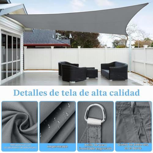 Toldo vela rectangular 3x4 m impermeable con proteccion UV gris 4