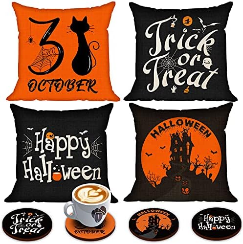 Set of 4 Halloween Pillow Covers 18 x 18 Inch with 4 Bonus Coasters, Black Cat Fort Smooth Linen Trick or Deal with Pillowcase, Rustic Halloween Decorations for Farmhouse Couch Sofa Automobile Orange