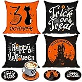 CREATRILL Set of 4 Halloween Pillow Covers 18 x 18 Inch with 4 Bonus Coasters, Black Cat Castle Soft