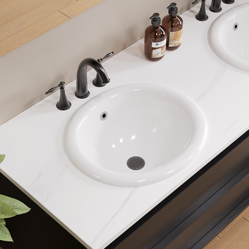 Bathroom Oval Vessel Sink 18" x 15" Semi Recessed Sink White Ceramic Sink with Overflow Modern Sinks Bowl Vanity Above Counter Basin