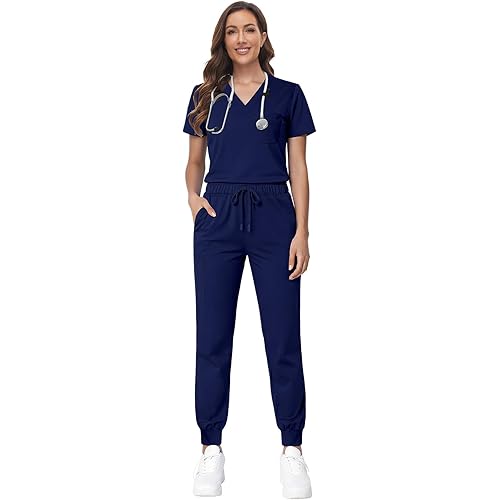 VIAOLI Scrubs for Women Set V-Neck Pocket Top & Drawstring Jogger Scrub Pants
