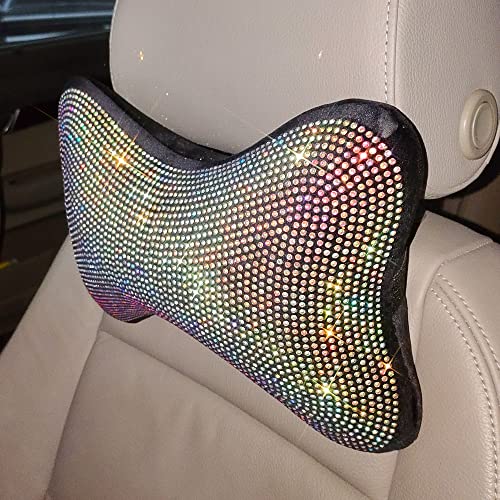 Lady Crystal 7 Packs Set Bling Auto Accessories For Women&Girls,Shiny Steering Wheel Cover,Pillows,Seat Belt Covers,Arm Rest Pad,Rear View Mirror (Multi Color) #TOP4