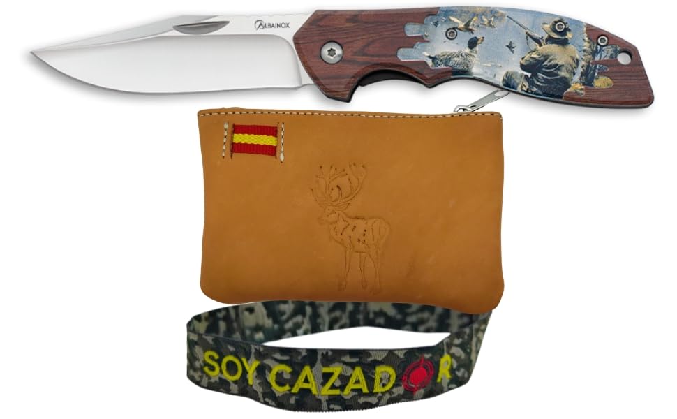 Pack de Caza – Navaja Plegable con Diseño de Cazador + Monedero de Piel Artesanal con Grabado de Ciervo + Pulsera Bordada Fabricada en España – Set para Cazadores y Aficionados al Campo (Cazador)