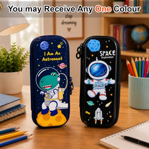 Image of WISHKEY Hard Shell EVA Pencil Box for Kids Large Capacity Pencil Case with Mesh Pocket, Elastic Pen Holders & Dual Zipper Water Resistant Stationery Organizer for Boys & Girls Space Theme