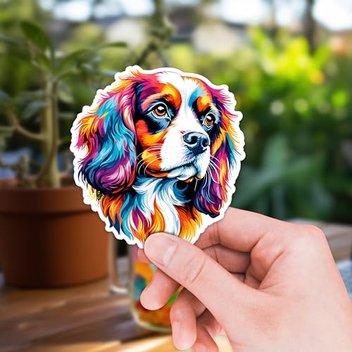 Image of Cavalier King Charles Spaniel Dog Sticker 8 Pcs (Large Size) Vinyl Stickers Laptop Waterproof Decal for Car Bumper Water Bottle Laptop Window Party Birthday Decorations - Size 4 Inches