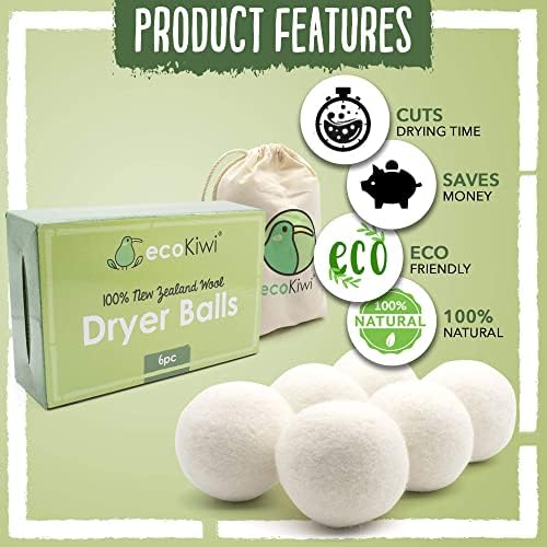 ecoKiwi Tumble Dryer Balls - 100% New Zealand Wool Dryer Balls - 6 Pack - Reusable Laundry Balls for Tumble Dryer -Natural Fabric Softener Dryer Egg - Hypoallergenic, Eco Friendly, Time & Money Saver