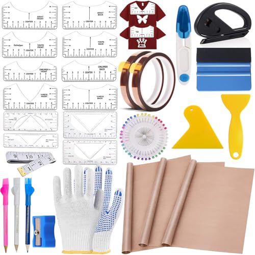 QUKLOGEN 68 Piezas Juego de herramientas para camiseta de sublimación,lámina de teflón para prensa de transferencia,camiseta Ruler Guide Alignment para accesorios de costura, accesorios de plotter