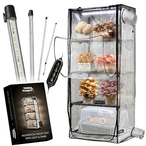 Mushroom Grow Tent with 6500K LED Light & Timer, 4-Tier Shelves Fit Up to 8 Monotubs, Mini Indoor Greenhouse with Grow Light, Waterproof Tray, 4 Vents, Martha Tent