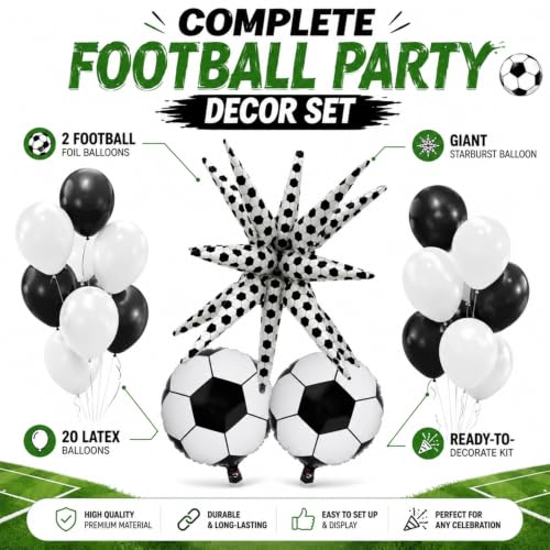 Image of Atpata Funky Football Theme Starburst Explosion Balloon Set - 2pcs 18in Round Football Foil Balloons & 8pcs Black & White Latex Balloons - for Football theme Birthday Party Decorations & Celebrations