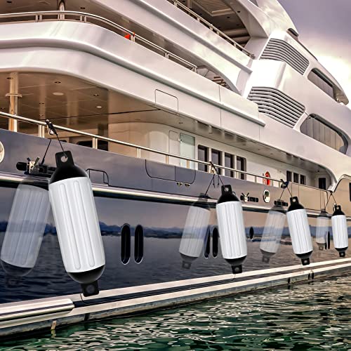 Veithi Boat Fenders 4Pack, Ribbed Twin Eyes Vinyl Boat Fender Bumpers, Boat Bumpers For Docking Come With Ropes Needles And Pump To Inflate, Bumpers Of Boats 8.5 X 27 Inch White/Black #TOP5