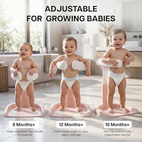Image of BAYBEE Babyflo Shower Bath Stand for Baby for 0 - 3 Years for Kids | Baby Standing Bath Stand with Adjustable Height & Width | Foldable Kids Bathstand with Shower Holder & Anti-Slip Base (Pink)