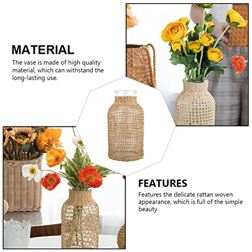 Doitool Glass Flower Vase With Rattan Cover Flower Bud Vase Round Decorative Flower Vase Floral Container Farmhouse Flower Bottle For Floral Arrangements Housewarming Party Decor (S+L) #TOP3