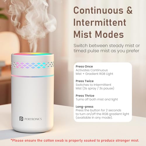 Image of Portronics Magma Lite Type-C Powered Humidifier with RGB Light, 260ml Water Tank, 35ml /h Mist Output, Continuous & Intermittent Modes, One-Button Control, for Home, Car & Bedside (Water Use Only)