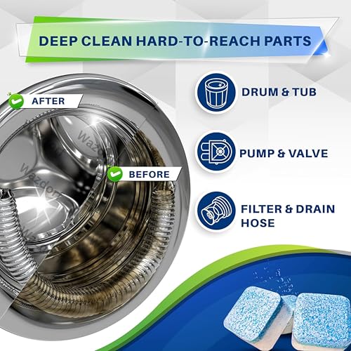 Image of Wazdorf Washing Machine Cleaner Tablets -12 Pcs Powerful Deep Cleaning & Descaling | Eliminates Odor, Limescale & Residue | For Front & Top Load | Eco-Friendly & Non-Toxic(12 Pcs)
