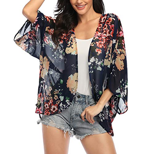 Women's 3/4 Sleeve Floral Kimono Cardigan, Sheer Loose Shawl Capes, Chiffon Beach Cover-Up, Casual Blouse Tops (I-Dark Blue, X-Large)