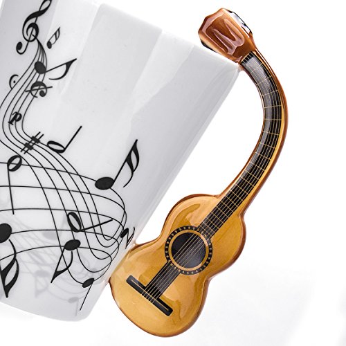 LanHong - 13.5 oz Musical Notes Design Guitar Mug Drink Tea Milk Coffee Mug Music Ceramic Cup Gift for Friend (Wood)